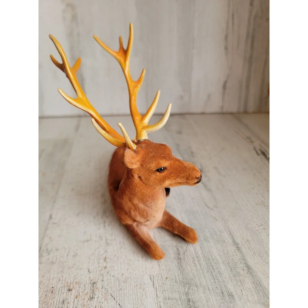 Vintage flocked reindeer laying buck Xmas unique fawn antler home decor